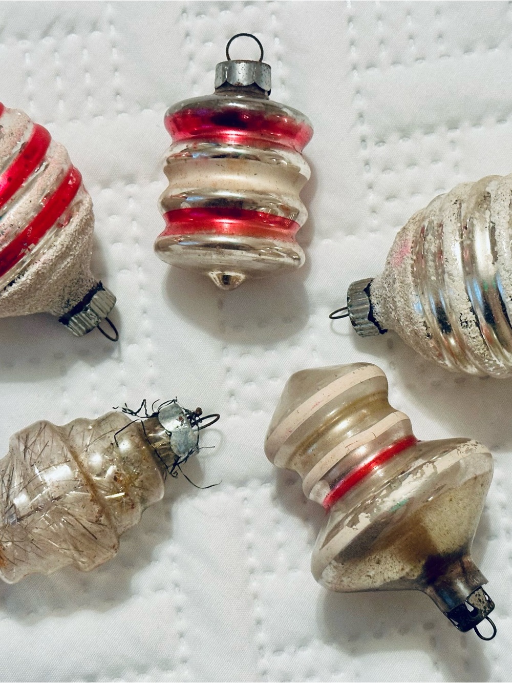 Vintage  Holiday Ornament Set in Silver and Red